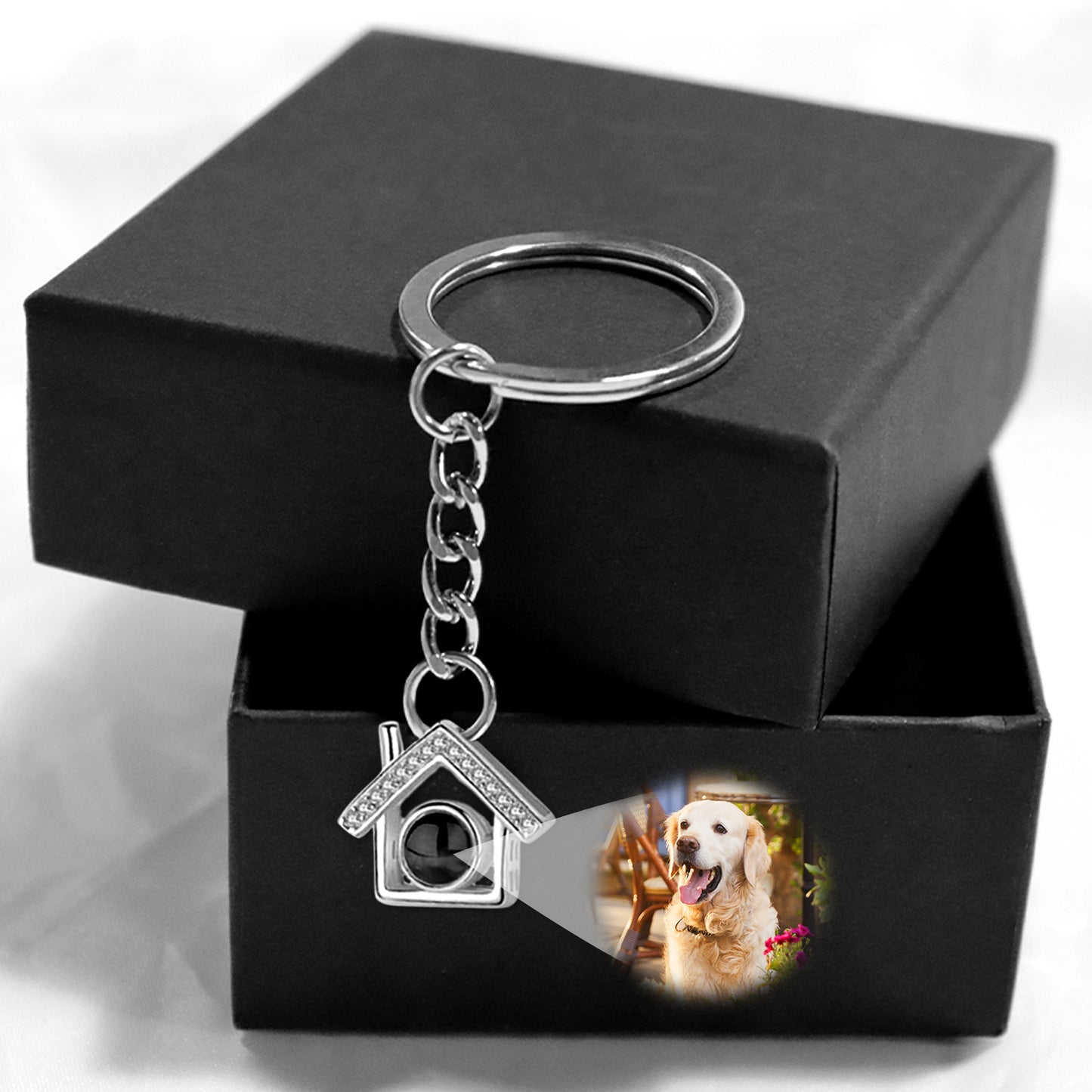 Custom Dog Photo Projection Keychain - House Shaped