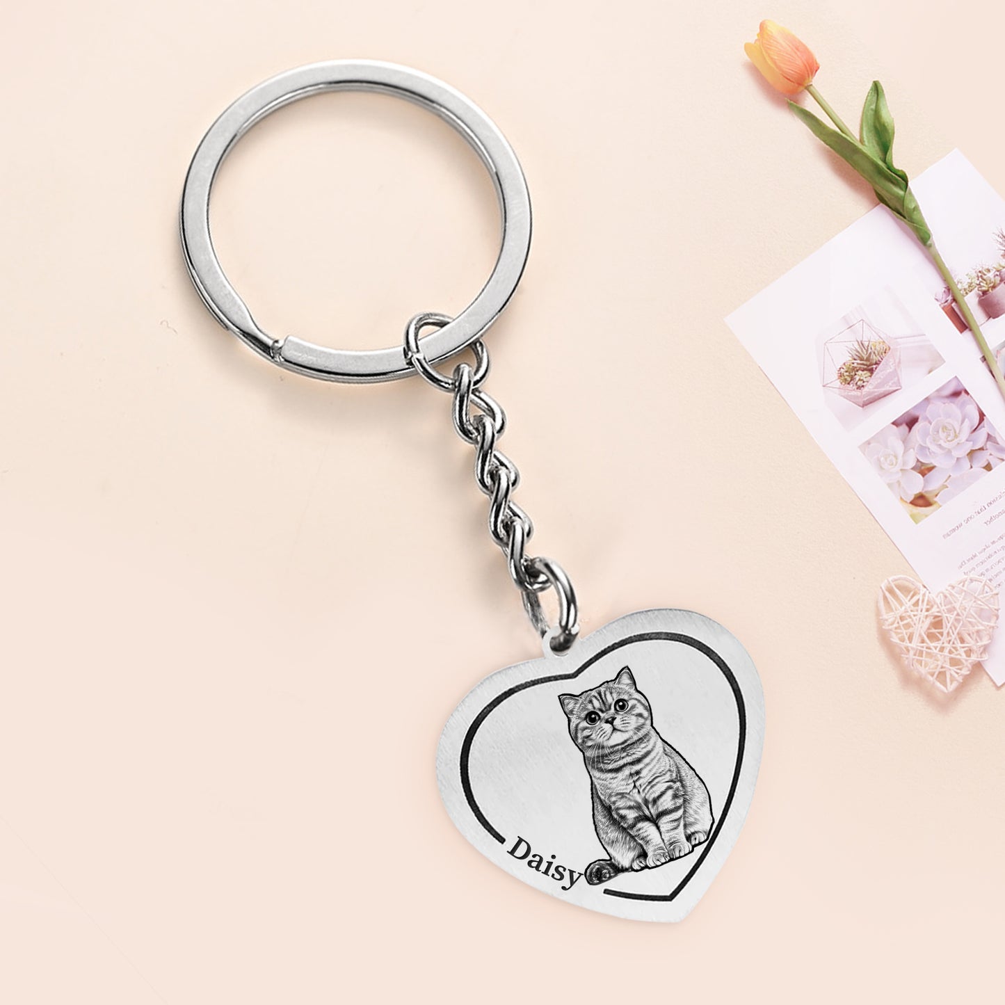 Personalized Heart Pet Photo Pendant Keychain with Name