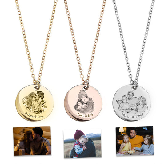 Personalized Circle Photo Necklace, Engraved Picture Pendant - Oarse