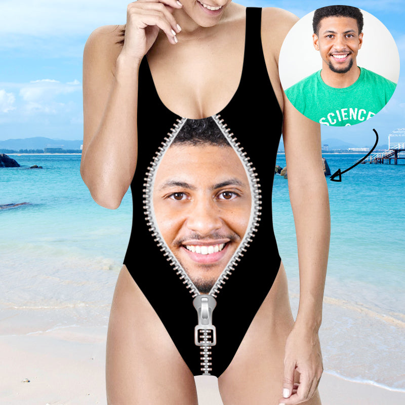 Custom Zipper Women Funny One Piece Swimsuit With Face - Oarse