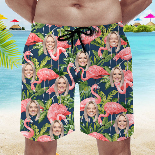 Custom Design Swim Trunks, Flamingo Custom Swim Trunks With Face - Oarse