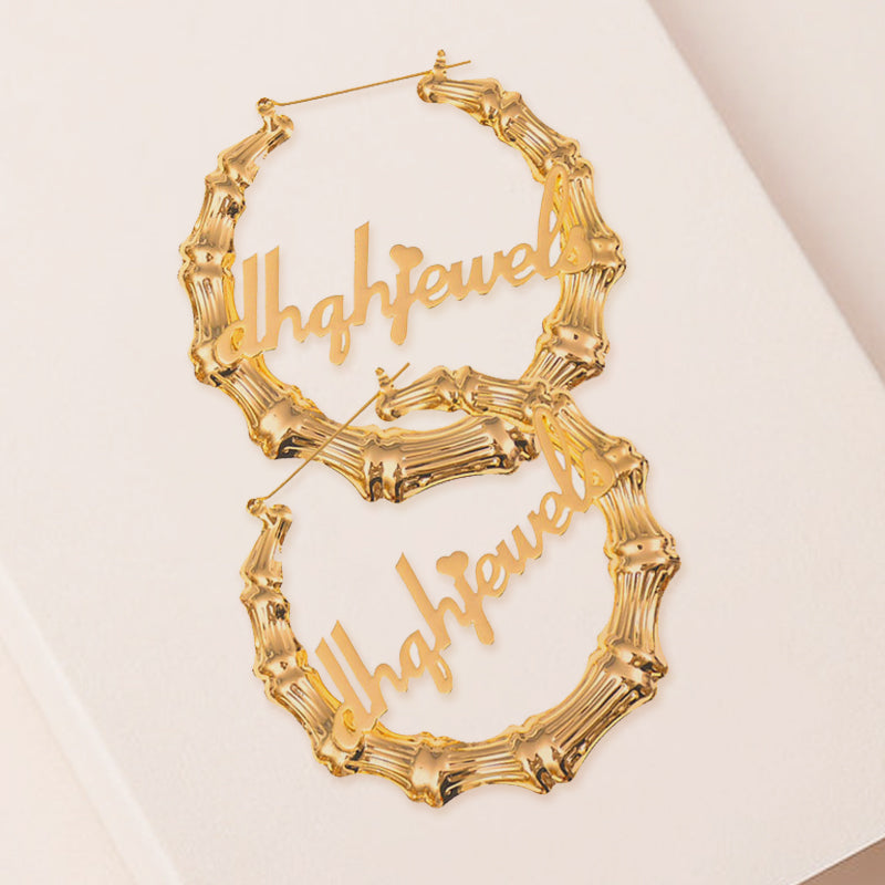 Custom Bamboo Earrings, Custom Hoop Earrings With Name - Oarse