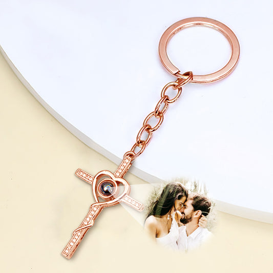 Cross Heart Shaped Keychain Personalized Photo Projection Keychain Sterling Silver Cross Keychain For Girlfriend - Oarse