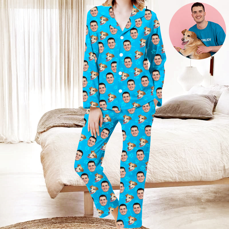 Custom Pajamas With Dog Face And Pet Owner Face Paw Print Custom Face Pajamas For Adult - Oarse