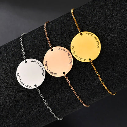 Custom Coordinate Bracelet Engraved Disc Latitude Longitude Bracelet - Oarse