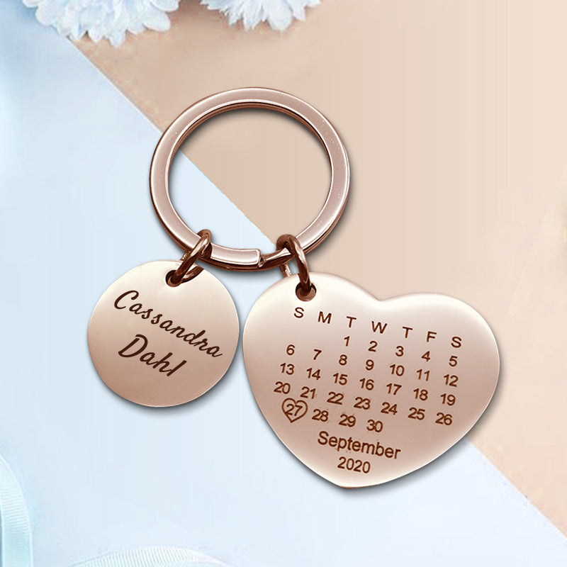 Heart Custom Engraved Keychain, Calendar Personalized Keychains - Oarse