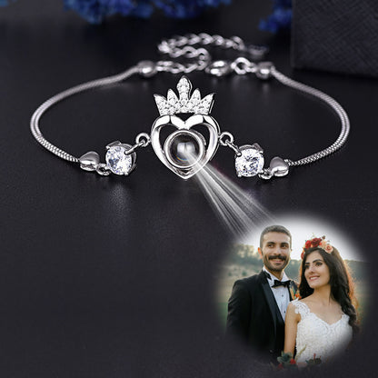 Crown Photo Projection Bracelet, Heart Sterling Silver Personalised Bracelet For Girlfriend - Oarse