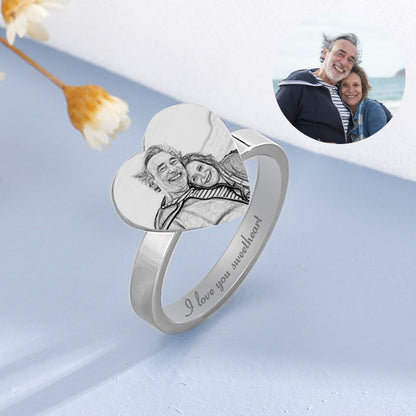 Personalized Photo Engraved Ring Heart Shape Sterling Silver Engraved Ring - Oarse