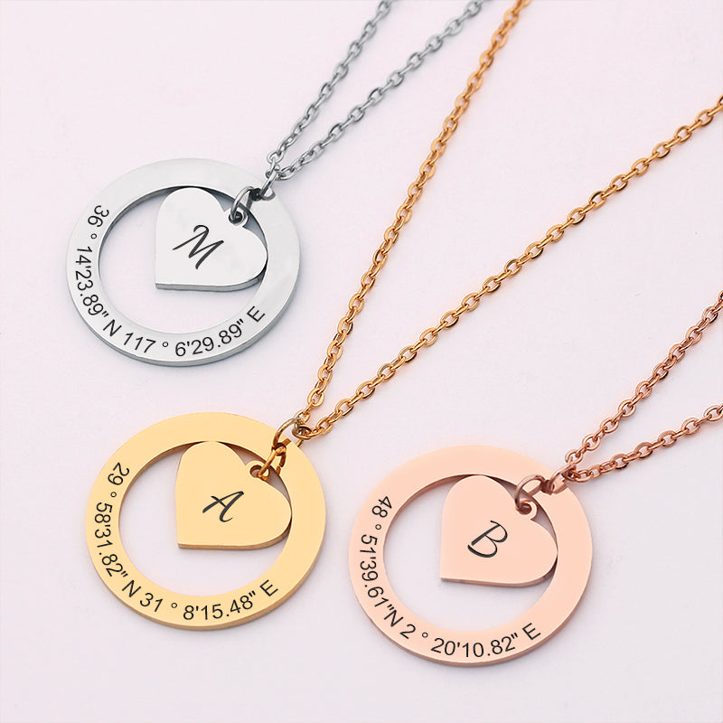 Custom Initial Pendant Longitude And Latitude Necklace, Coordinate Jewelry For Her - Oarse